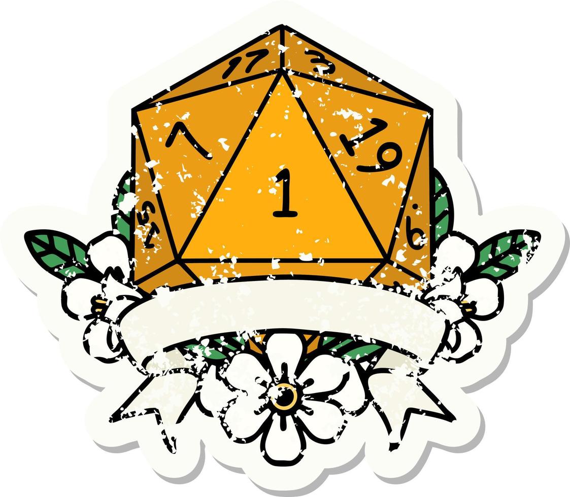 grunge sticker of a natural one d20 dice roll vector