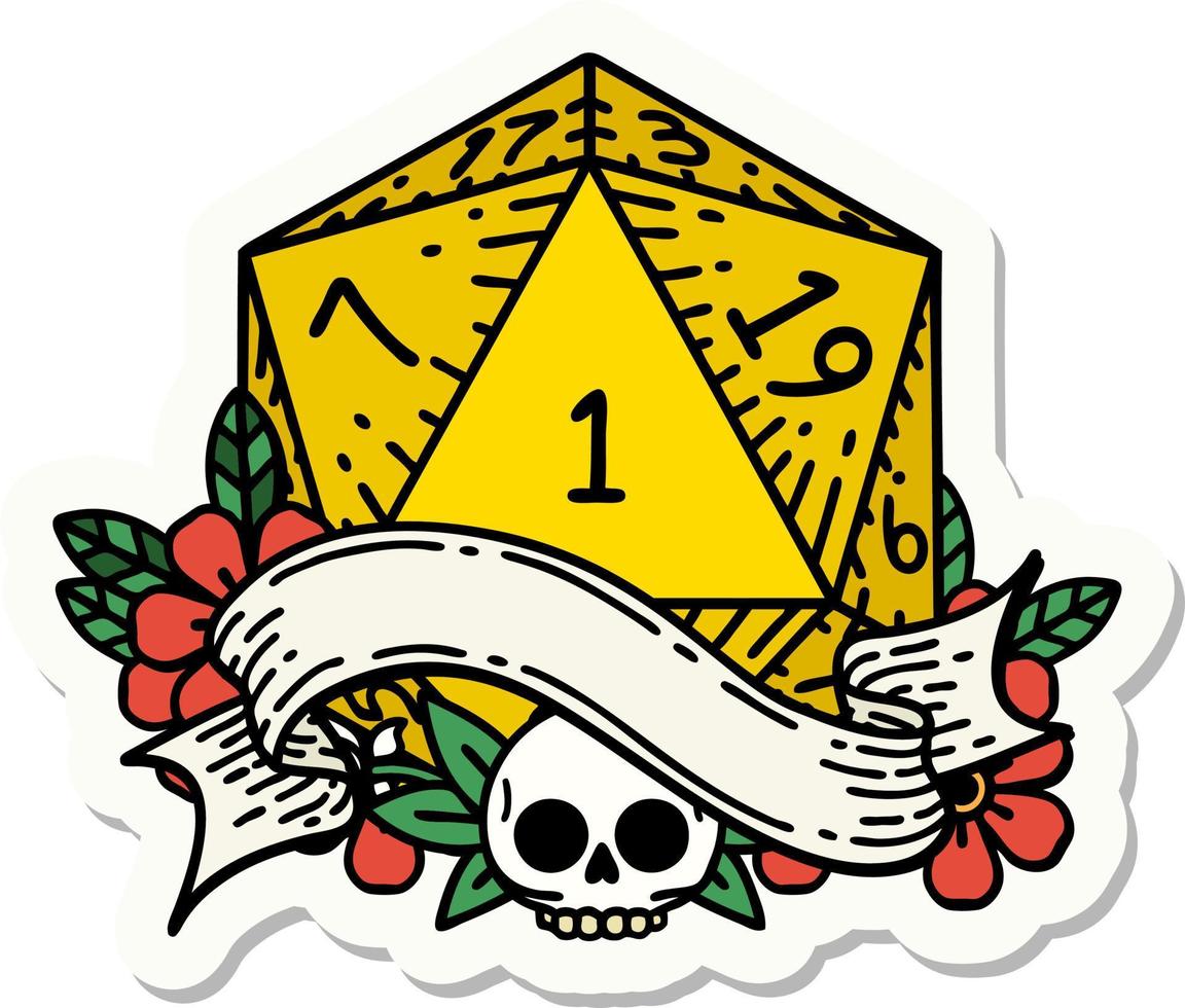 sticker of a natural one d20 dice roll vector