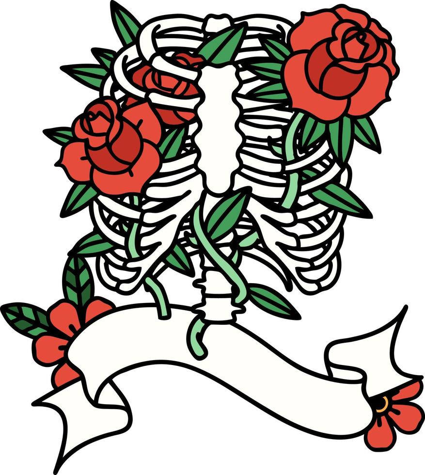 traditional tattoo with banner of a rib cage and flowers vector