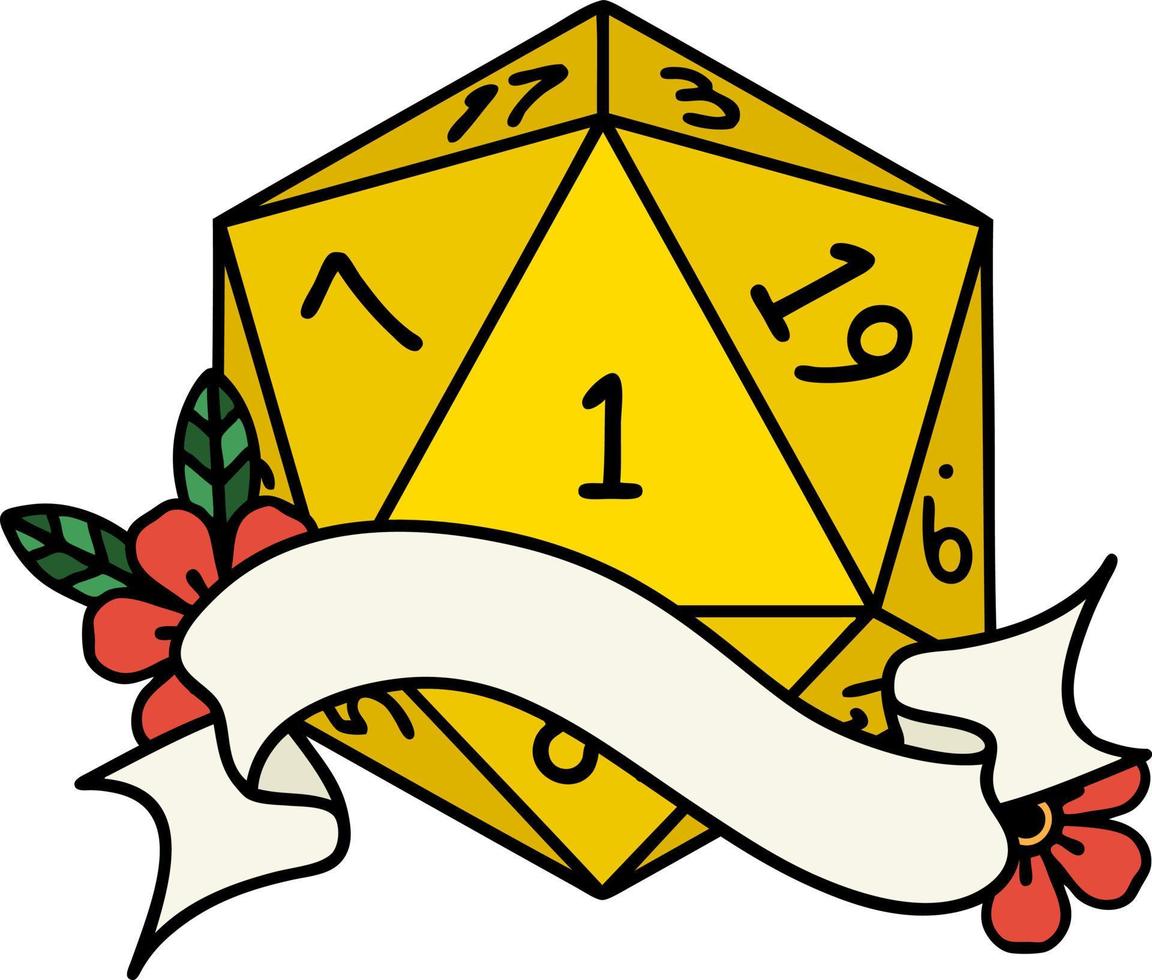 Retro Tattoo Style natural one d20 dice roll vector