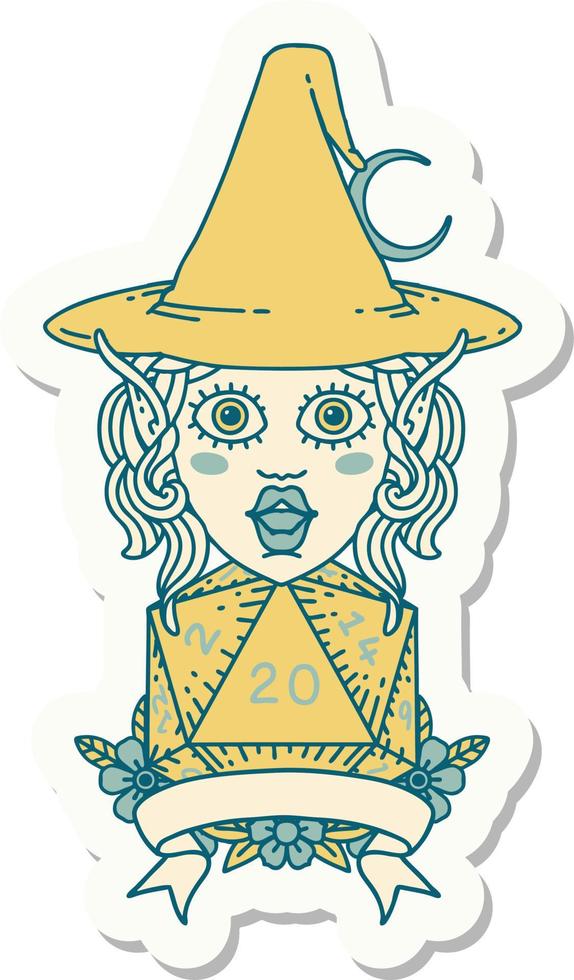 sticker of a elf mage character with natural twenty dice roll vector