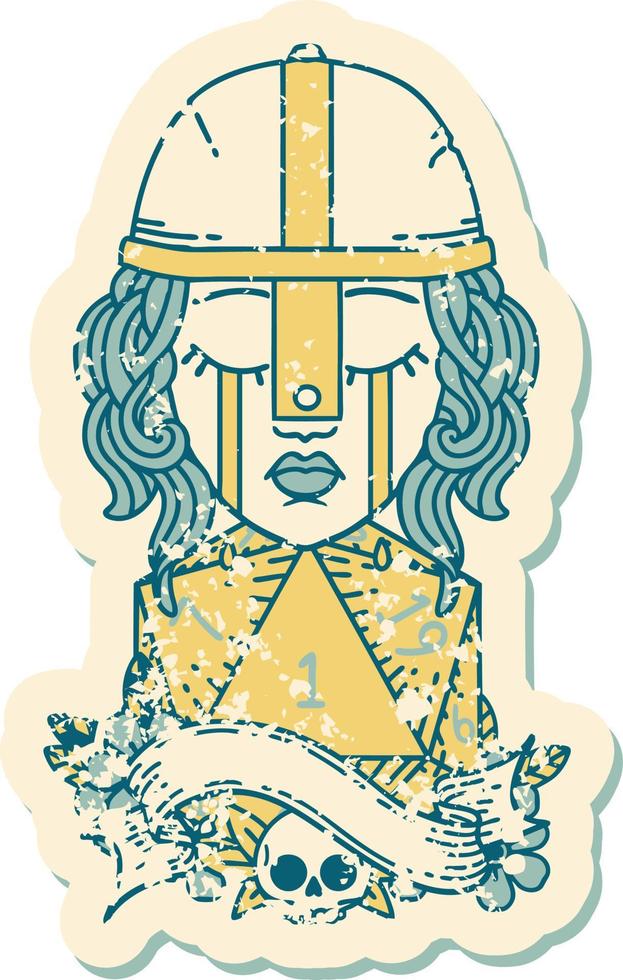 Retro Tattoo Style crying human fighter with natural one D20 dice roll vector