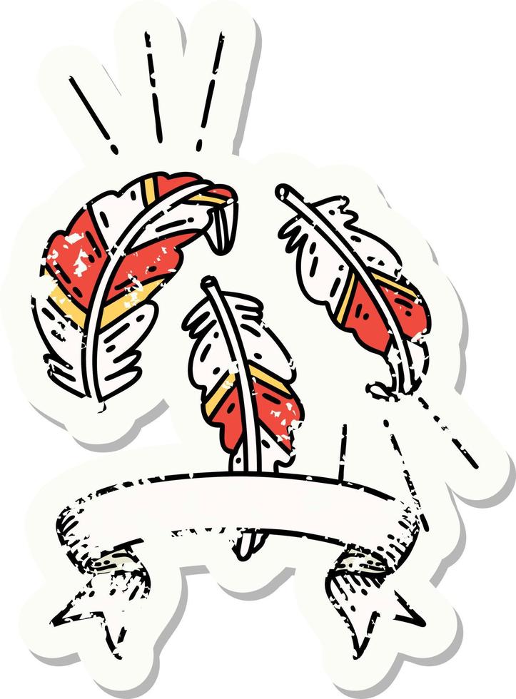 worn old sticker of a tattoo style feathers floating vector