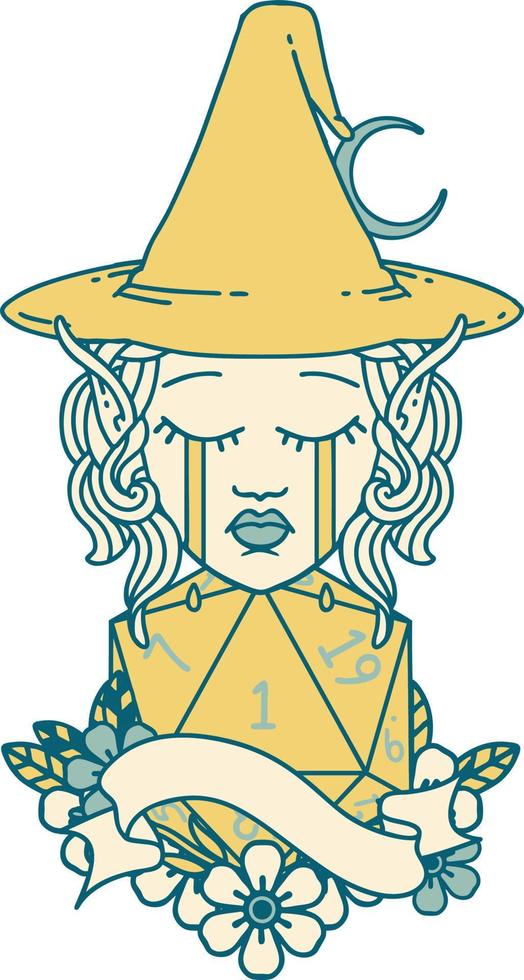 Retro Tattoo Style crying elf mage character face with natural one D20 roll vector