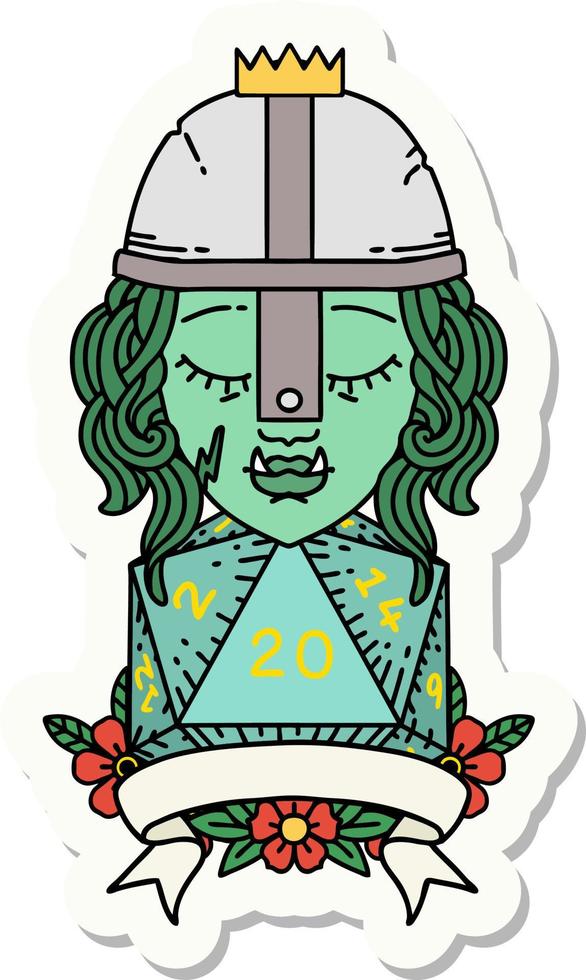 sticker of a half orc fighter with natural twenty dice roll vector