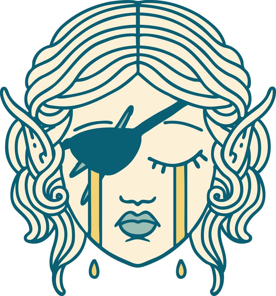 Retro Tattoo Style crying elf rogue character face vector