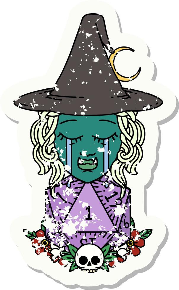 Retro Tattoo Style sad half orc witch character with natural one D20 roll vector