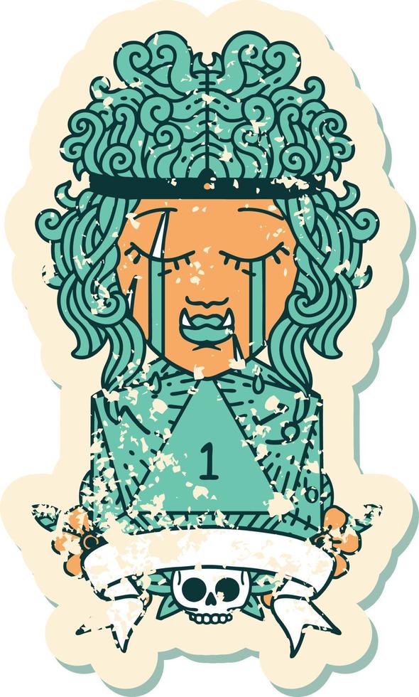 Retro Tattoo Style crying orc barbarian character with natural one D20 roll vector