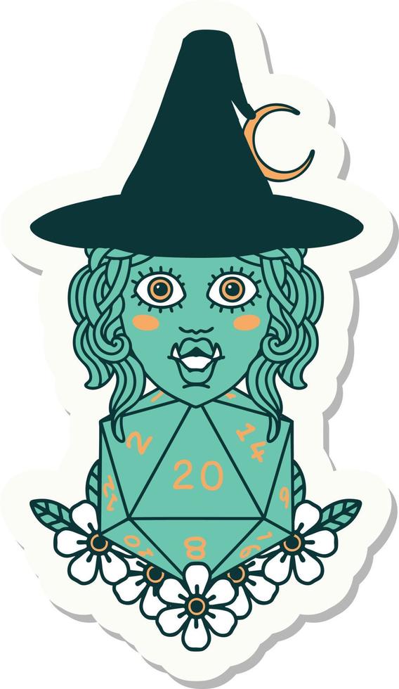 sticker of a half orc witch with natural twenty dice roll vector