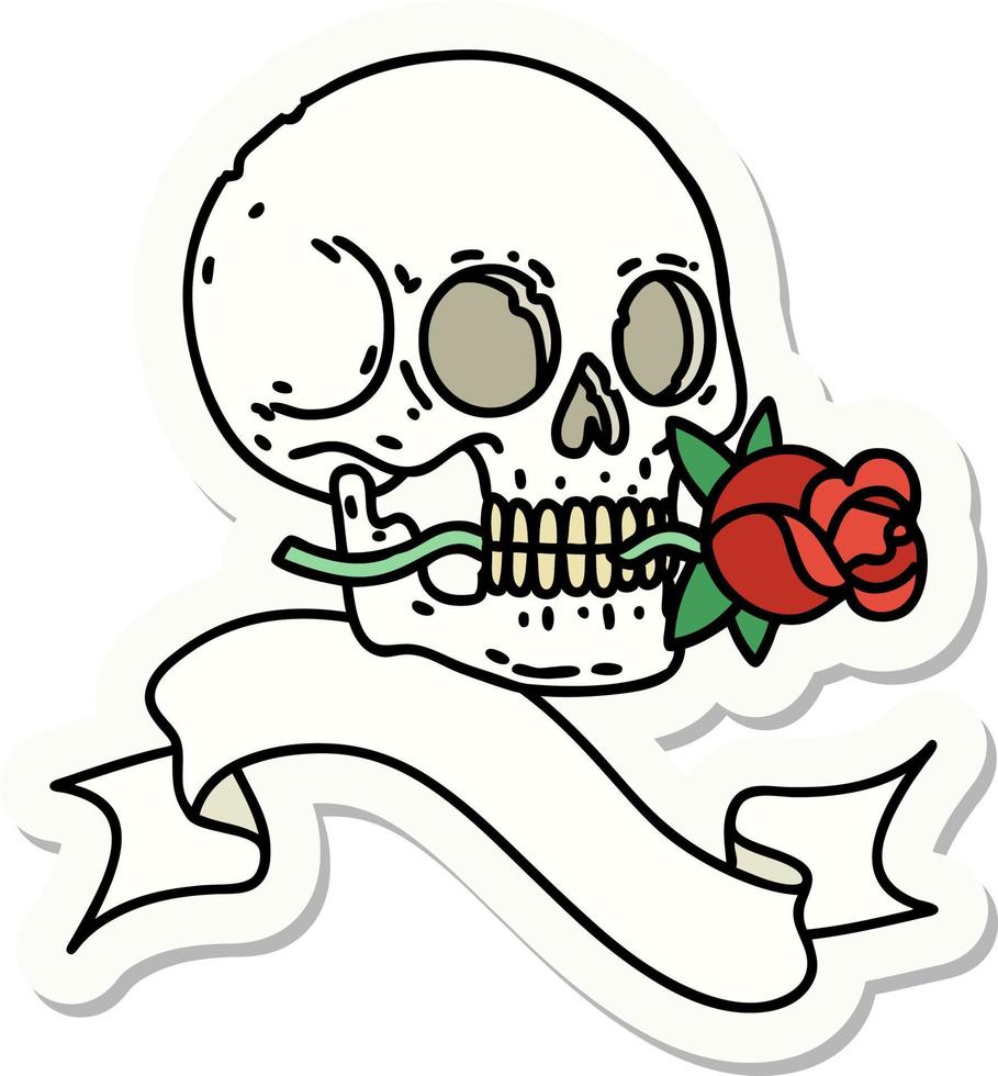 tattoo style sticker with banner of a skull and rose vector