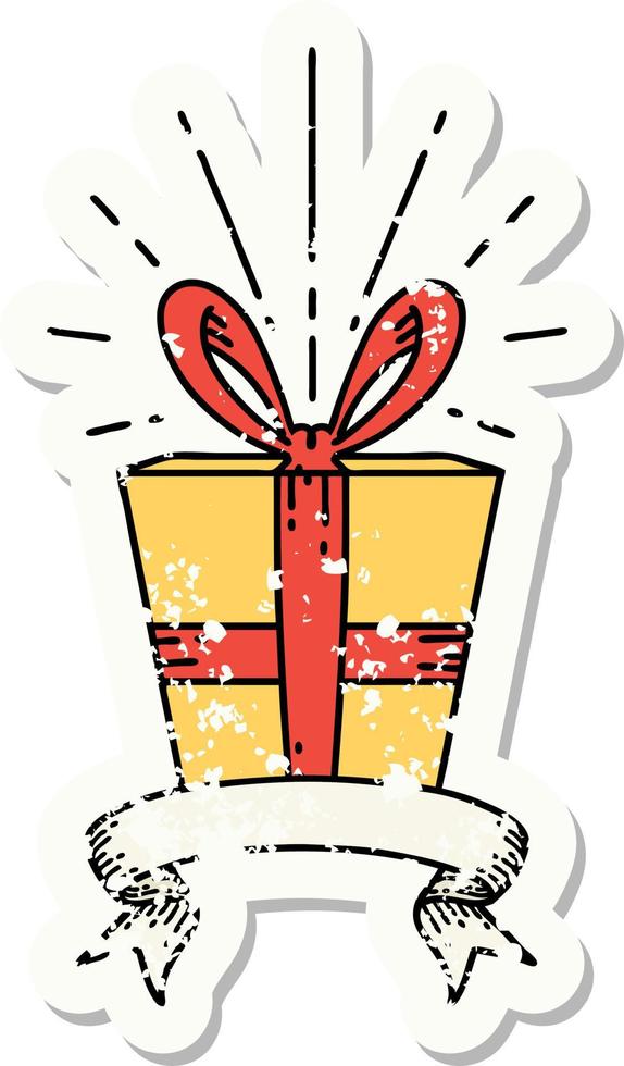 worn old sticker of a tattoo style christmas present vector