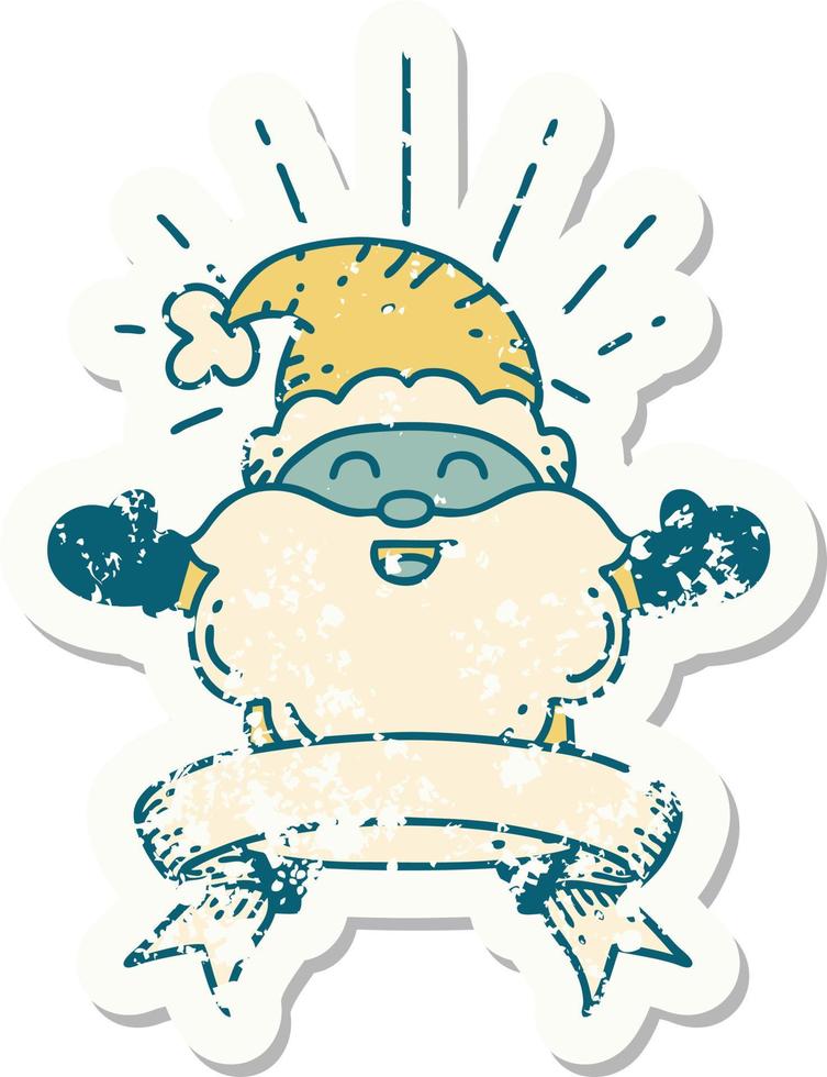 worn old sticker of a tattoo style happy santa claus christmas character vector