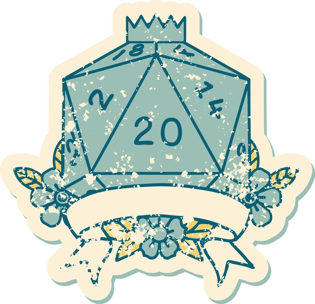 Retro Tattoo Style natural 20 critical hit D20 dice roll vector