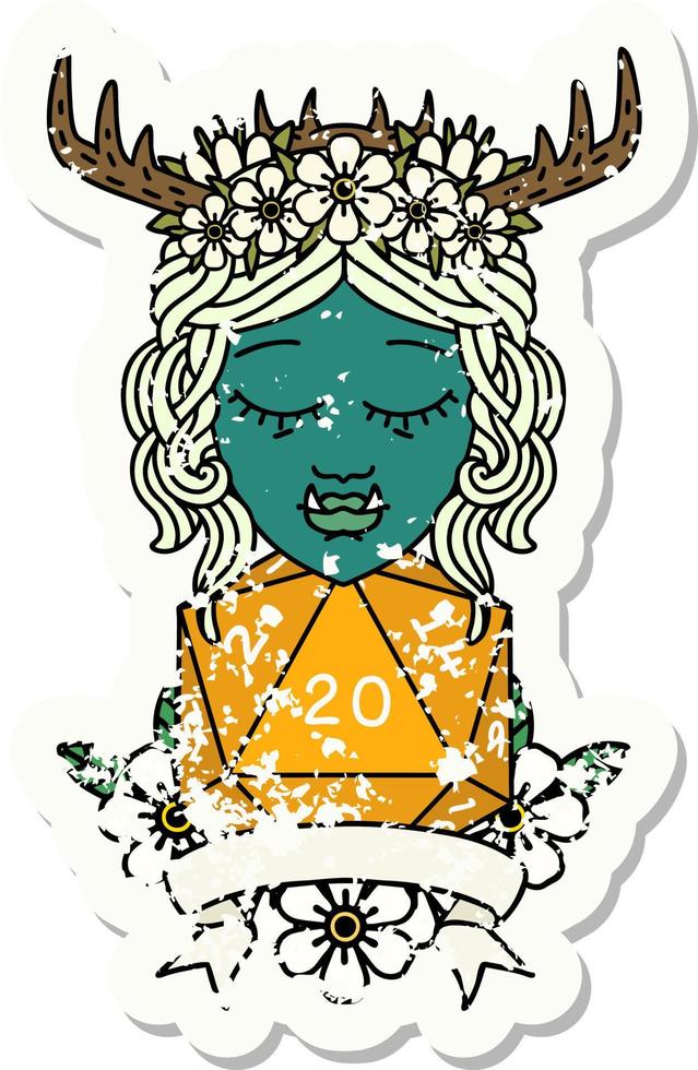 Retro Tattoo Style orc druid character with natural twenty dice roll vector