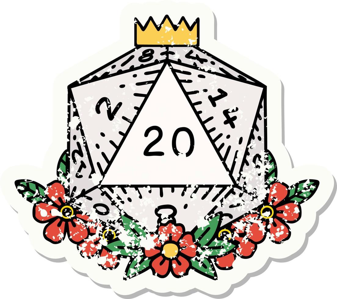 grunge sticker of a natural 20 D20 dice roll with floral elements vector