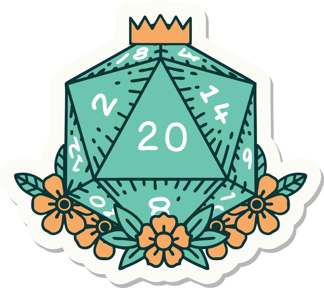 sticker of a natural 20 D20 dice roll with floral elements vector