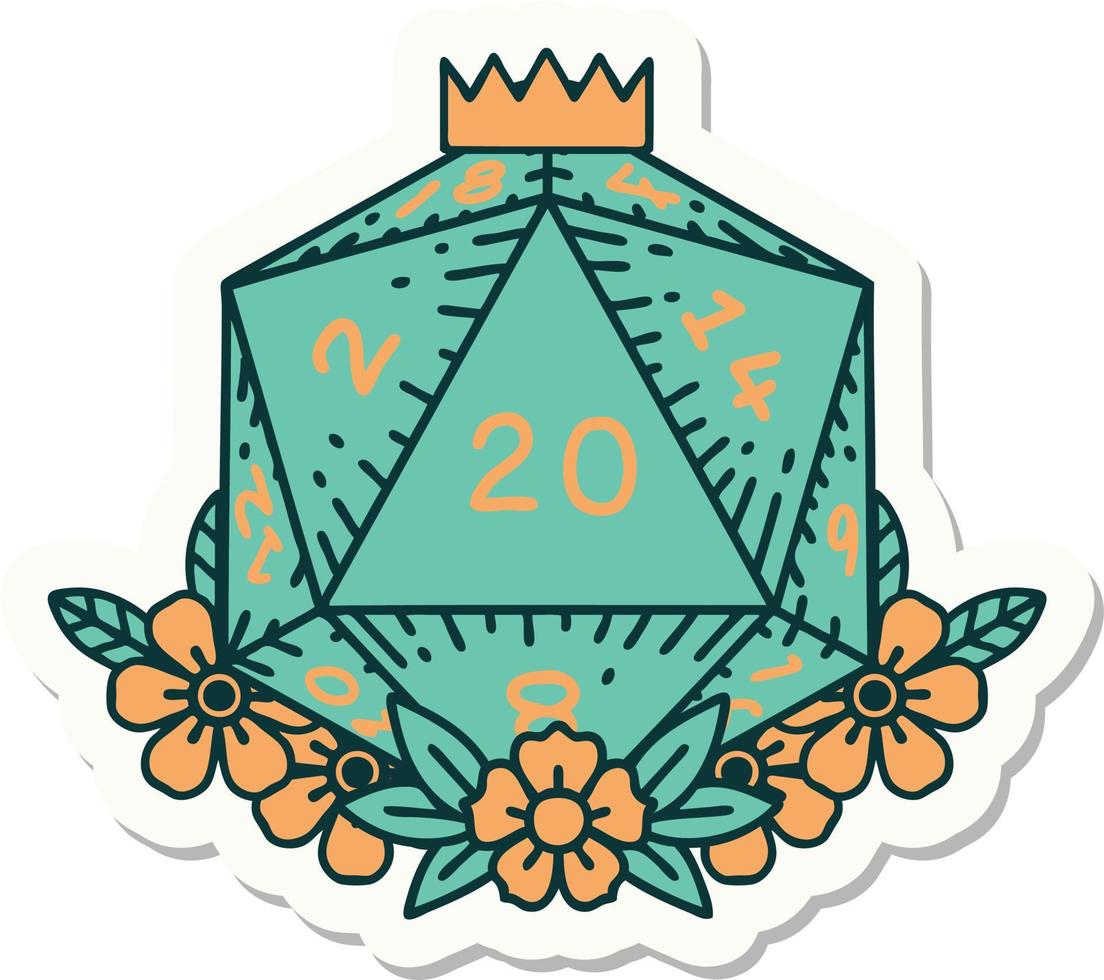 sticker of a natural 20 D20 dice roll with floral elements vector