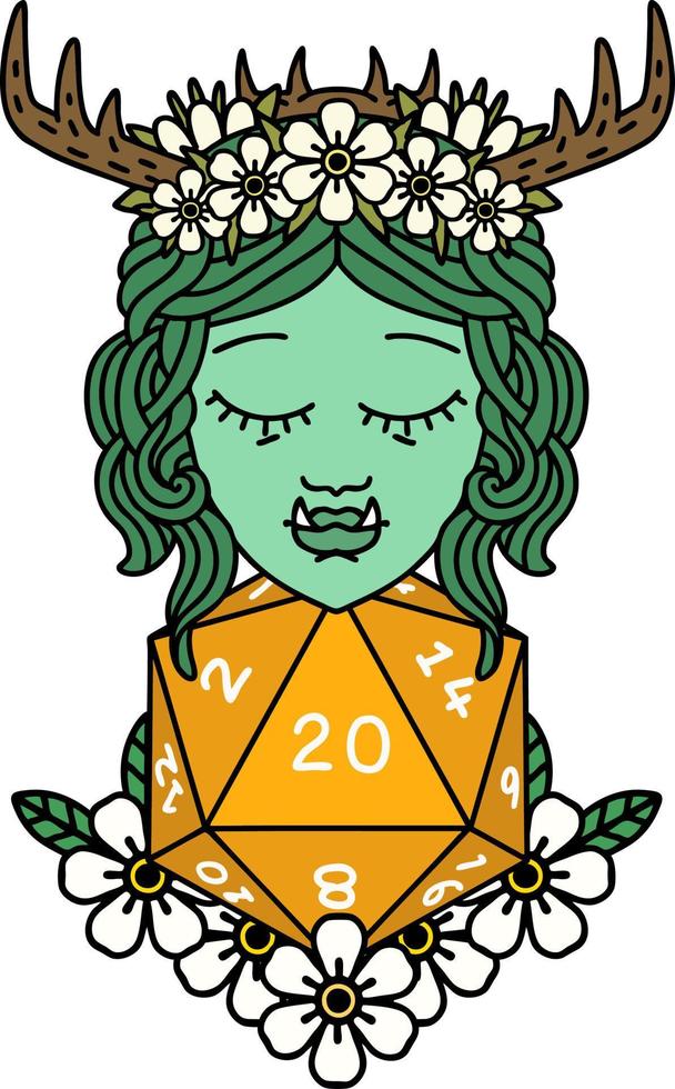 Retro Tattoo Style half orc druid with natural twenty dice roll vector