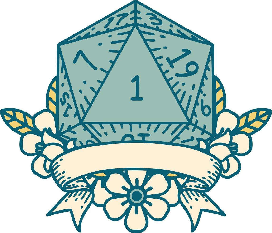 estilo de tatuaje retro natural uno d20 tirada de dados vector