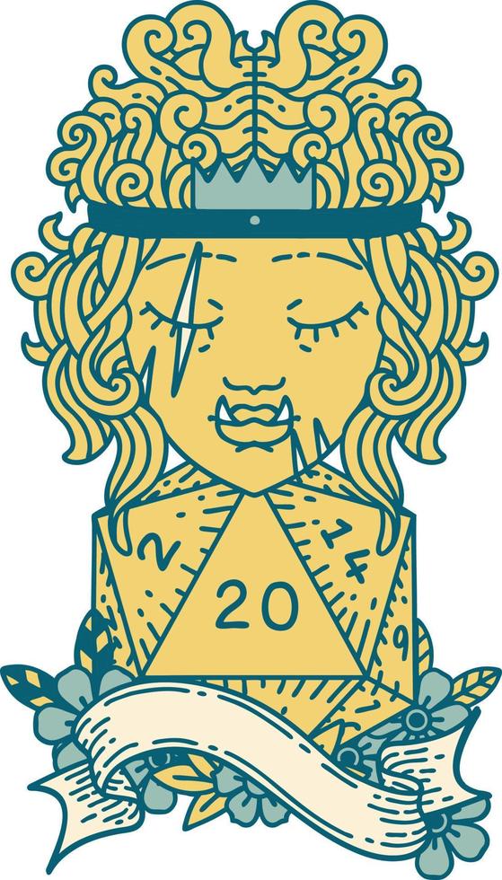 Retro Tattoo Style half orc barbarian with natural twenty dice roll vector