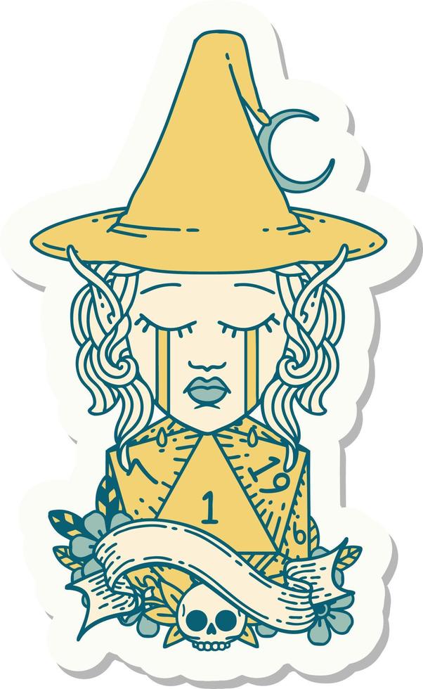 sticker of a crying elf mage character face with natural one D20 roll vector