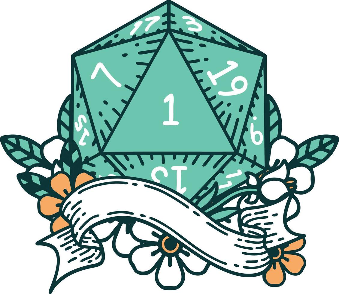 Retro Tattoo Style natural one d20 dice roll vector