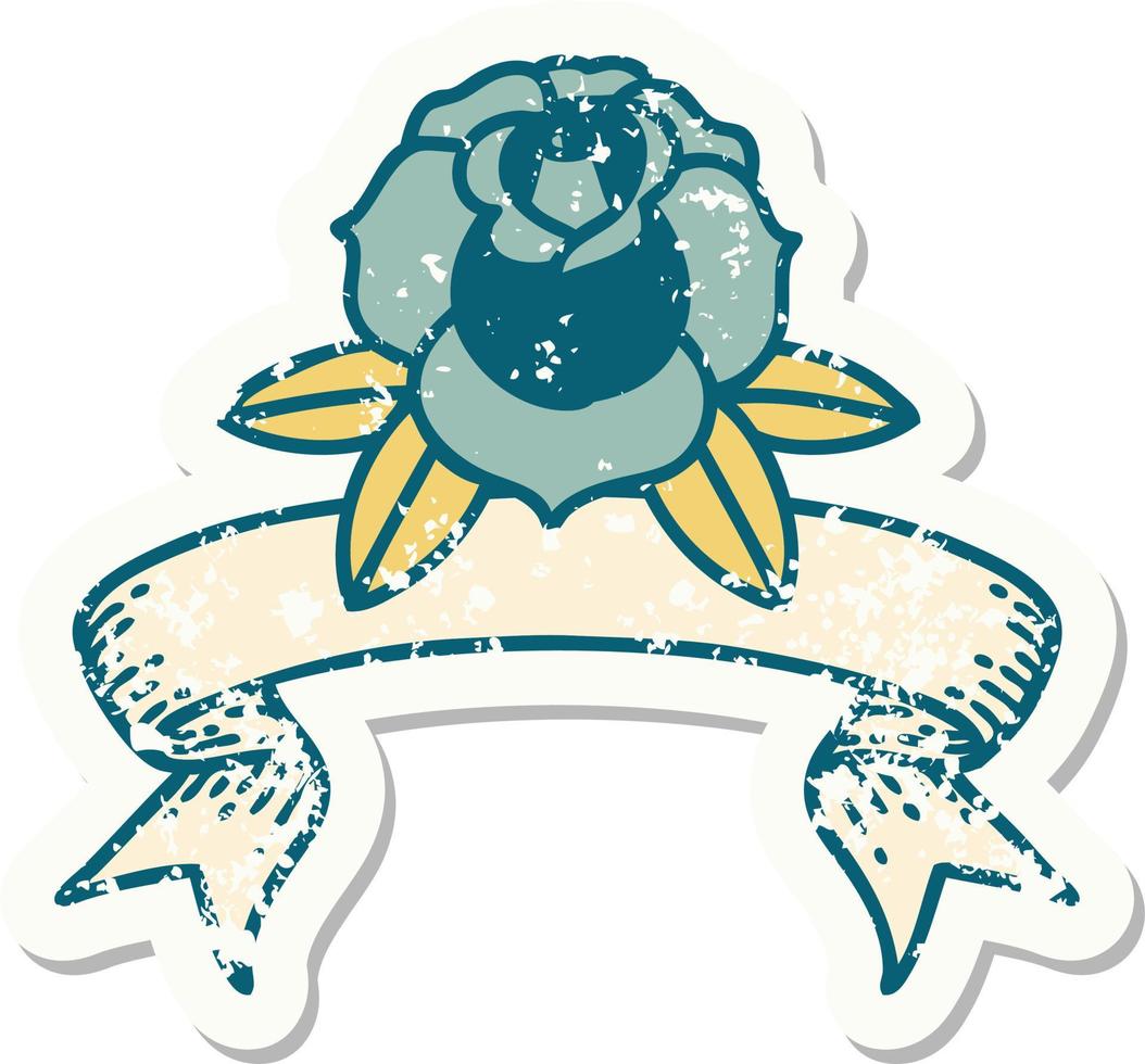 worn old sticker with banner of a flower vector