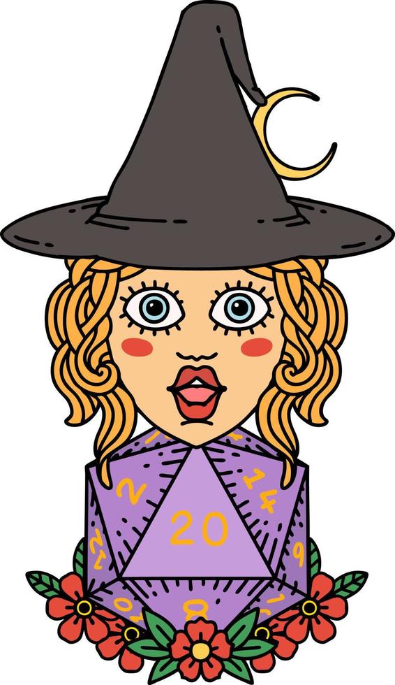 Retro Tattoo Style human witch with natural twenty dice roll vector