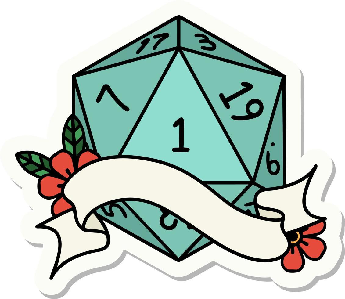 sticker of a natural one d20 dice roll vector