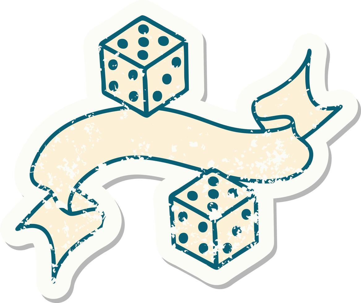worn old sticker with banner of a dice vector