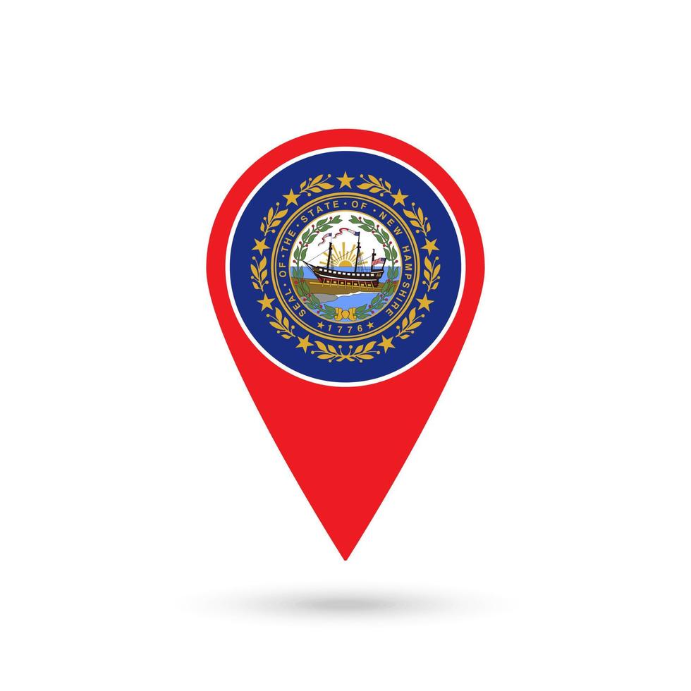 Map pointer with flag of New Hampshire. Vector illustration.
