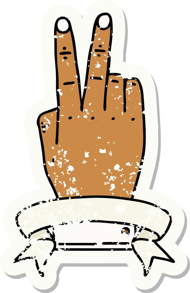 Retro Tattoo Style victory v hand gesture with banner vector