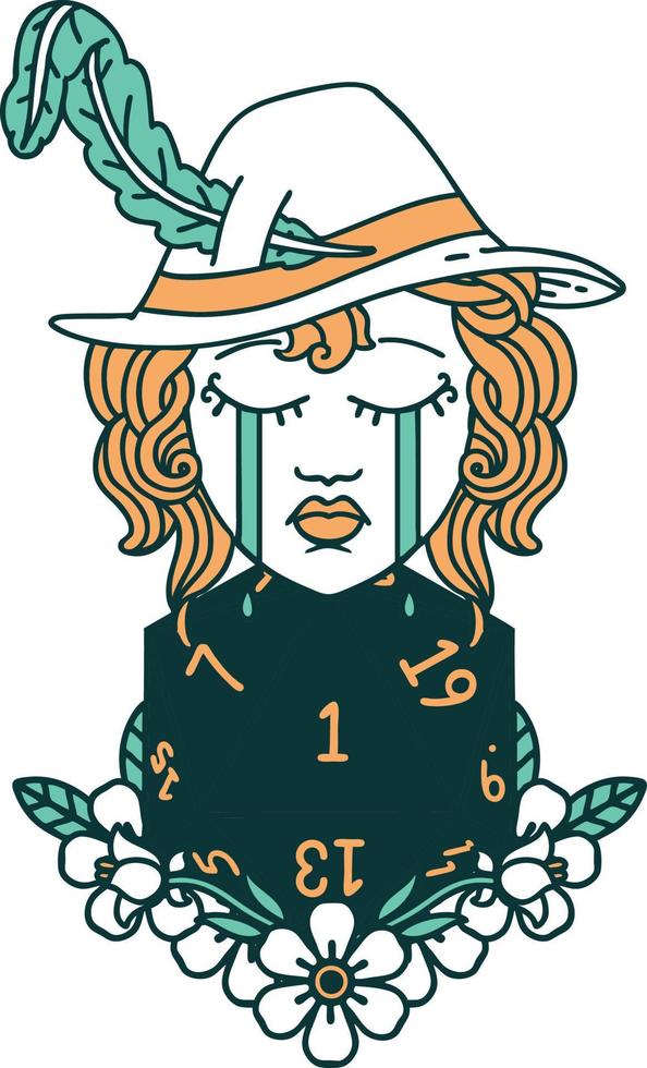 Retro Tattoo Style crying human bard with natural one D20 dice roll vector