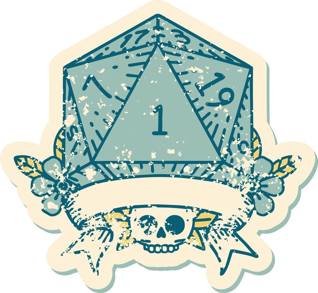 Retro Tattoo Style natural one d20 dice roll vector