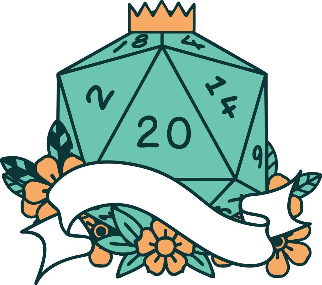 Retro Tattoo Style natural twenty D20 dice roll vector