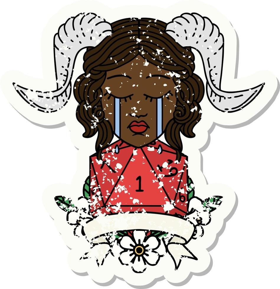 Retro Tattoo Style crying tiefling with natural one D20 dice roll vector
