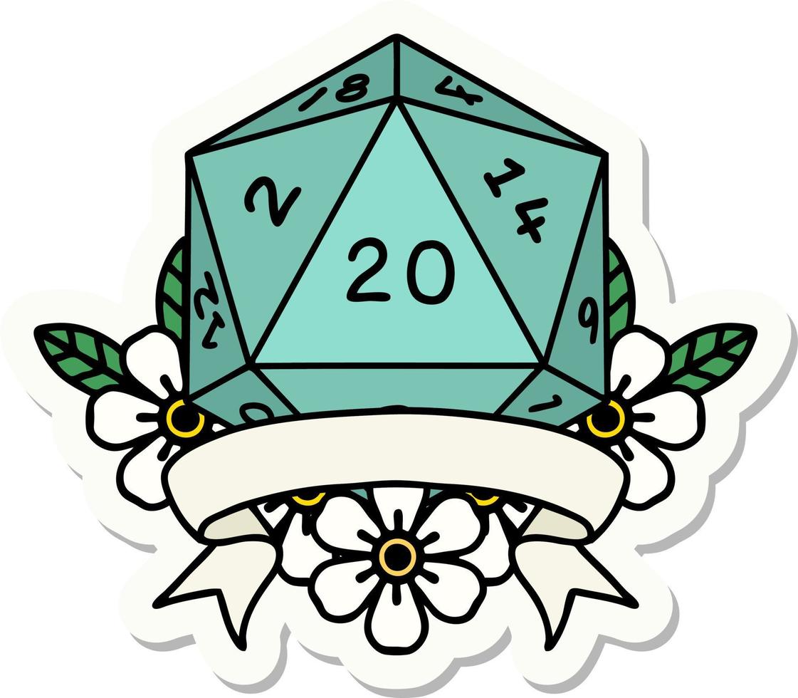 sticker of a natural 20 critical hit D20 dice roll vector