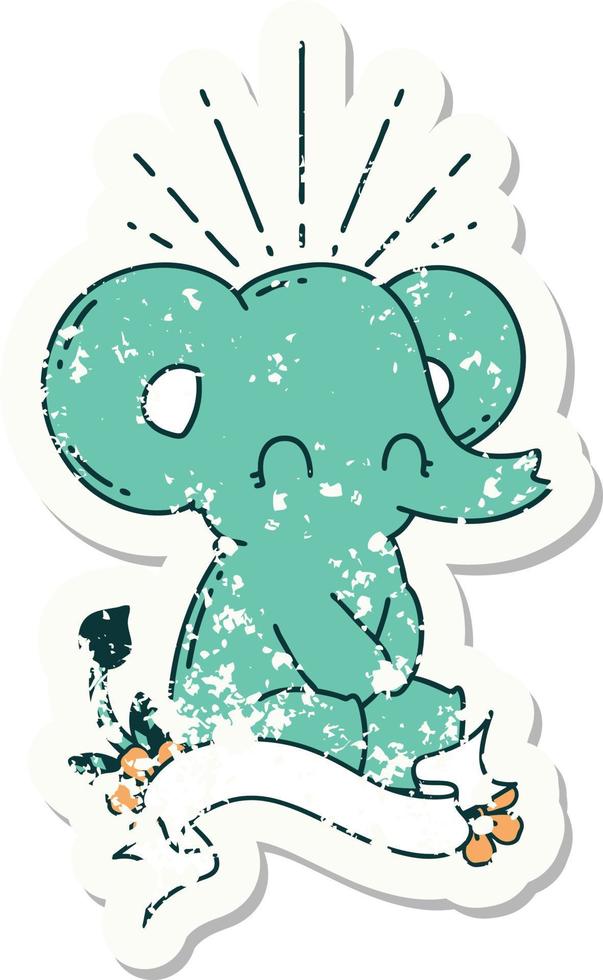 worn old sticker of a tattoo style cute elephant vector