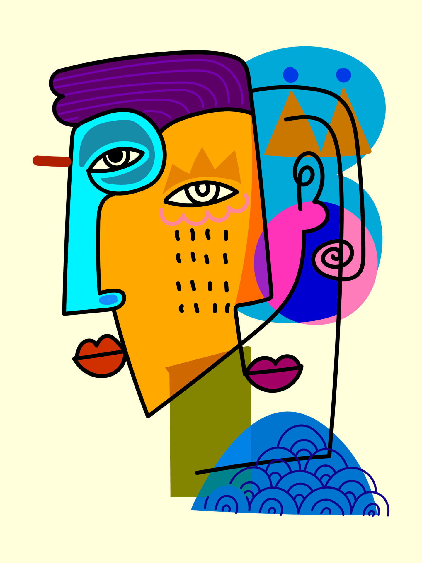 Abstract face portrait man, woman, hand drawing vector illustration