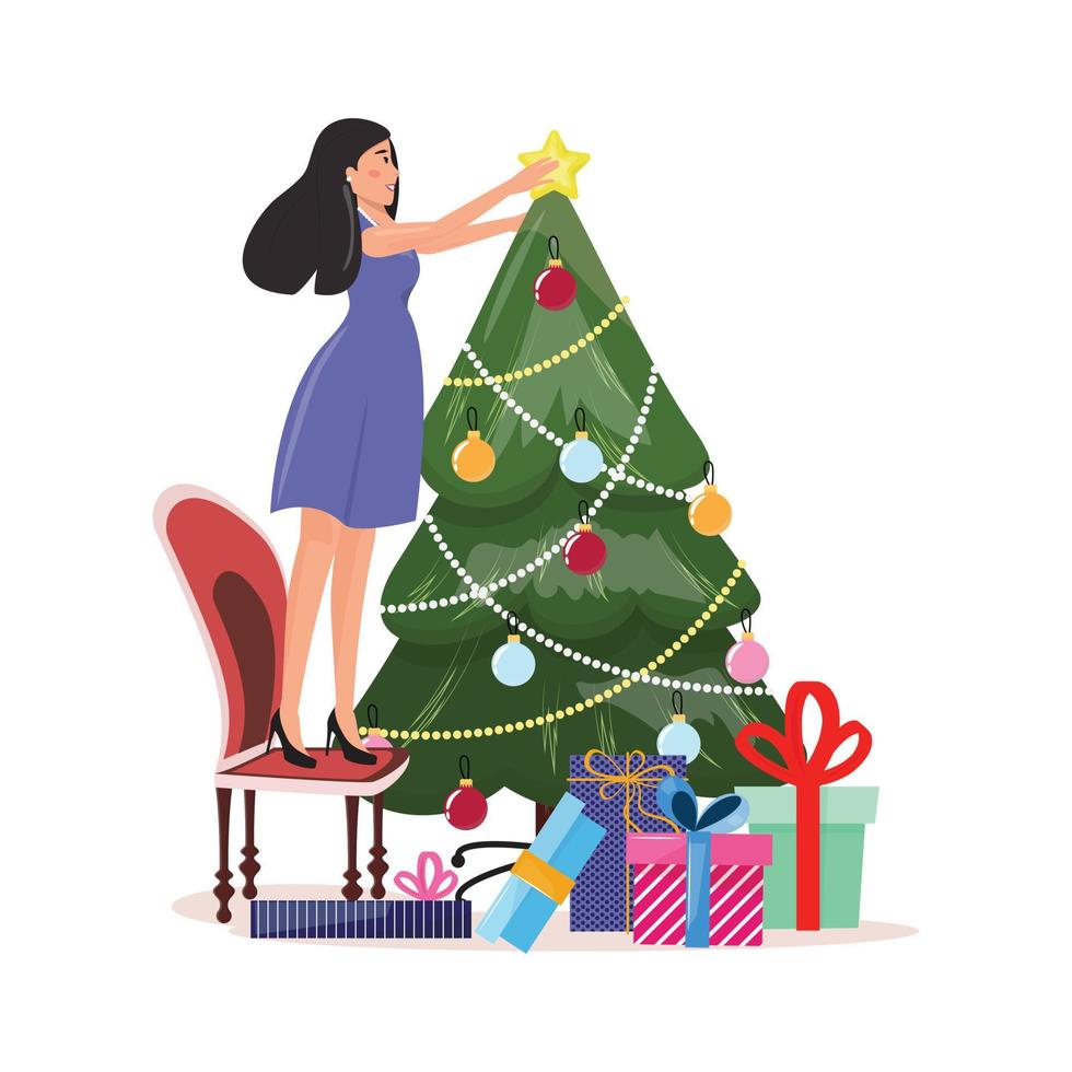 ilustración navideña con una mujer bonita decorando un árbol de navidad y preparándose para la celebración. vector