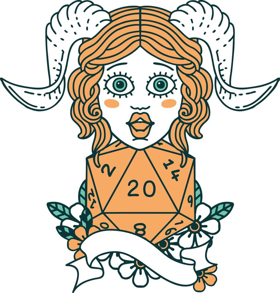 Retro Tattoo Style tiefling with natural twenty dice roll vector