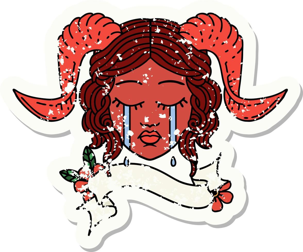 grunge sticker of a crying tiefling character face with scroll banner vector