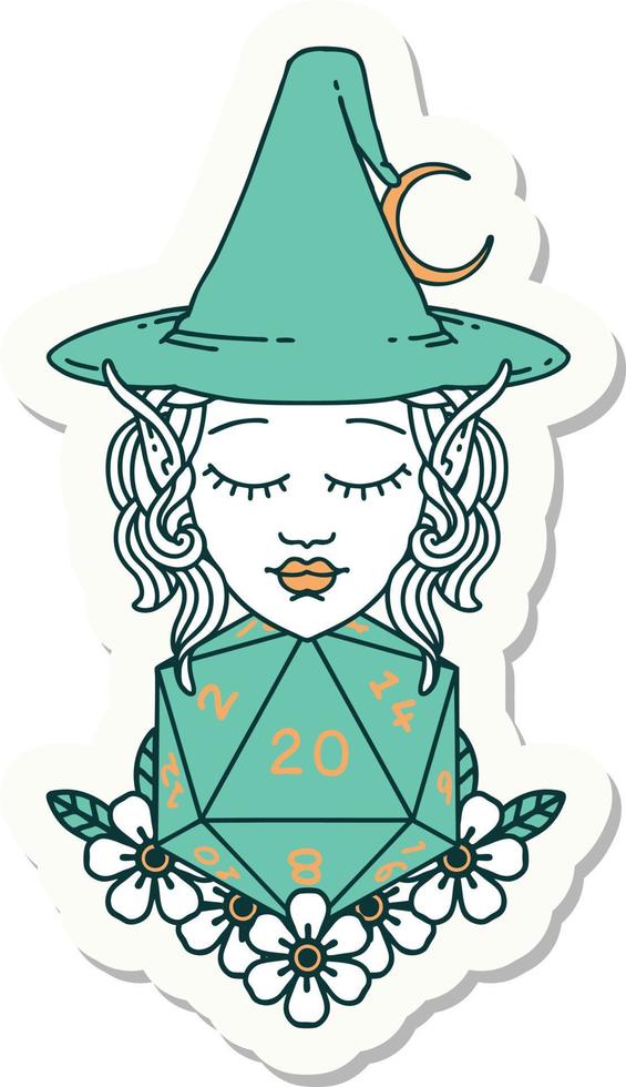 sticker of a elf mage character with natural twenty dice roll vector