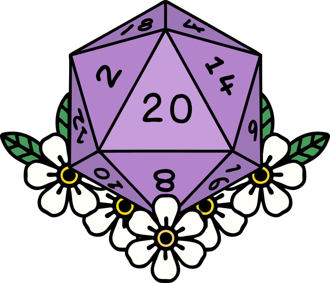 Retro Tattoo Style natural 20 D20 dice roll with floral elements vector