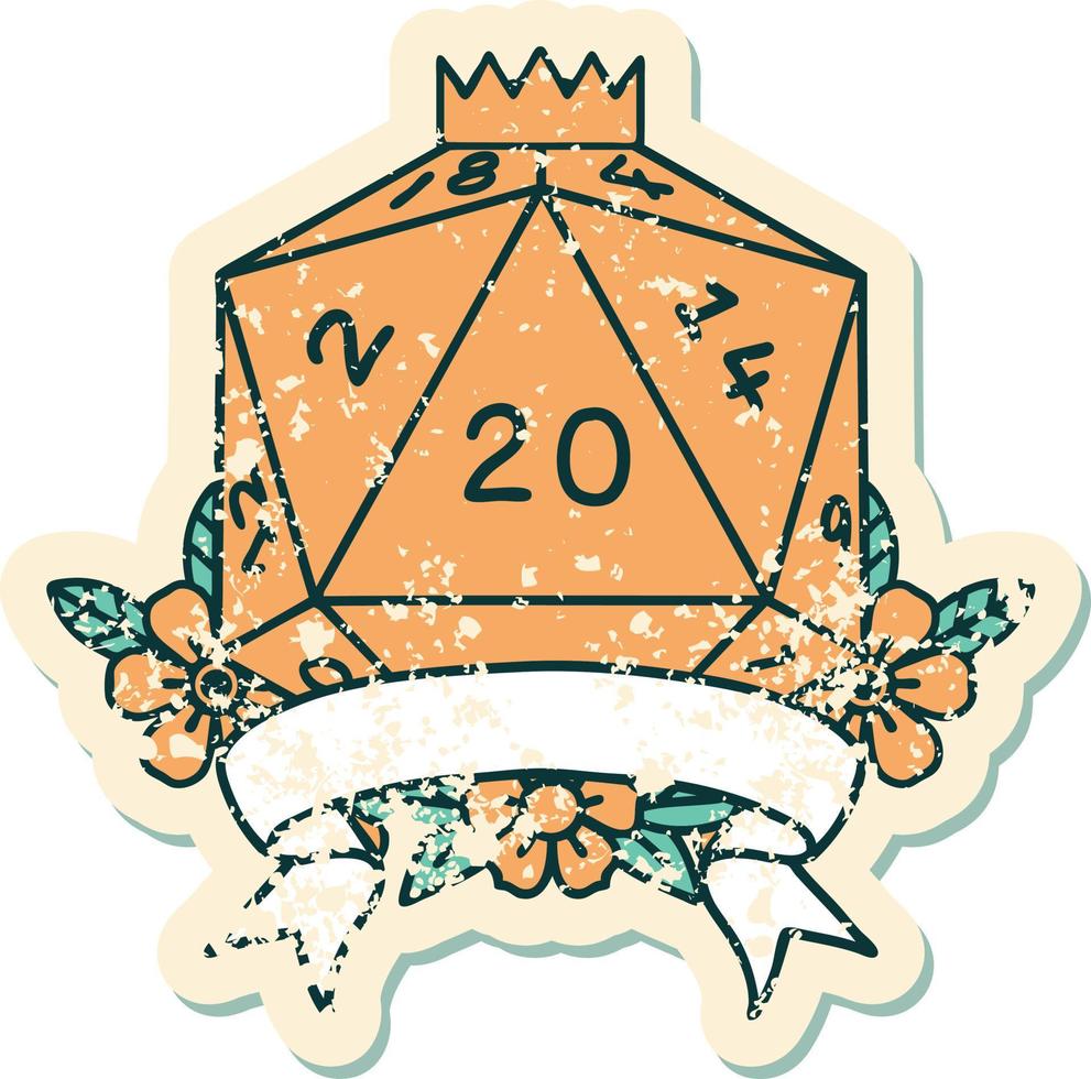 Retro Tattoo Style natural 20 critical hit D20 dice roll vector