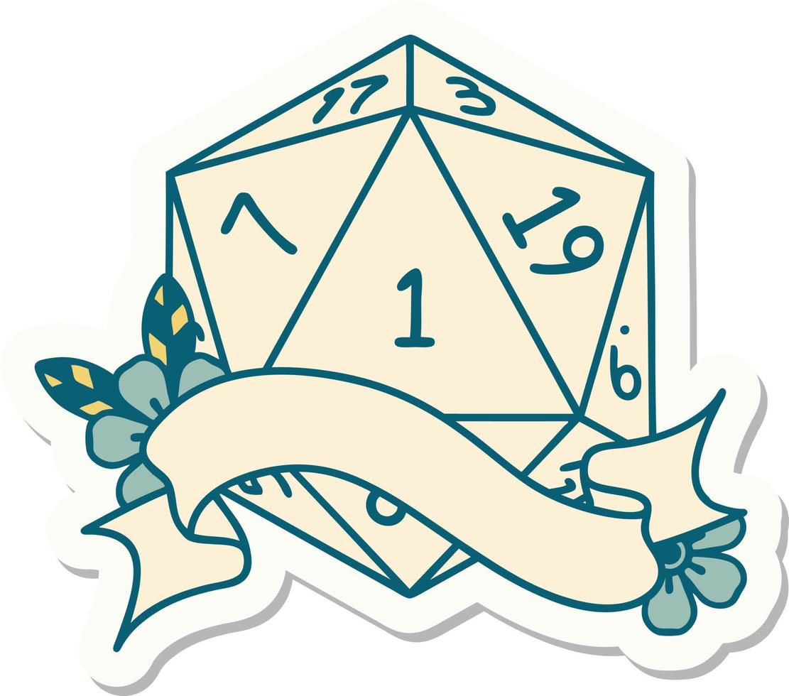 sticker of a natural one d20 dice roll vector