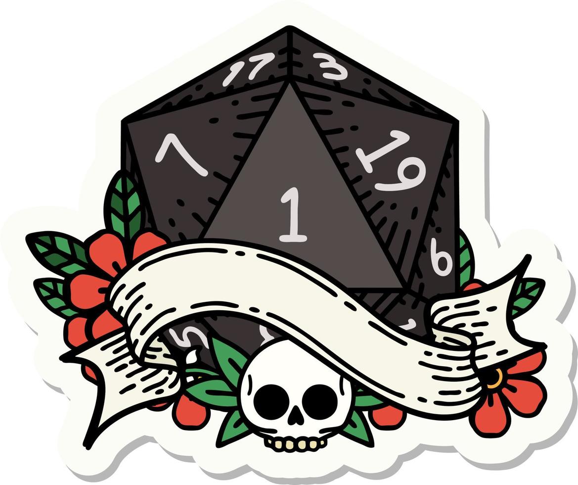 sticker of a natural one d20 dice roll vector