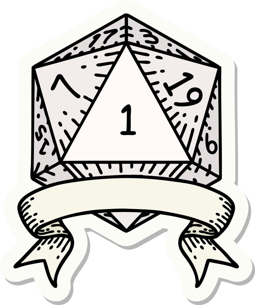 sticker of a natural one d20 dice roll vector