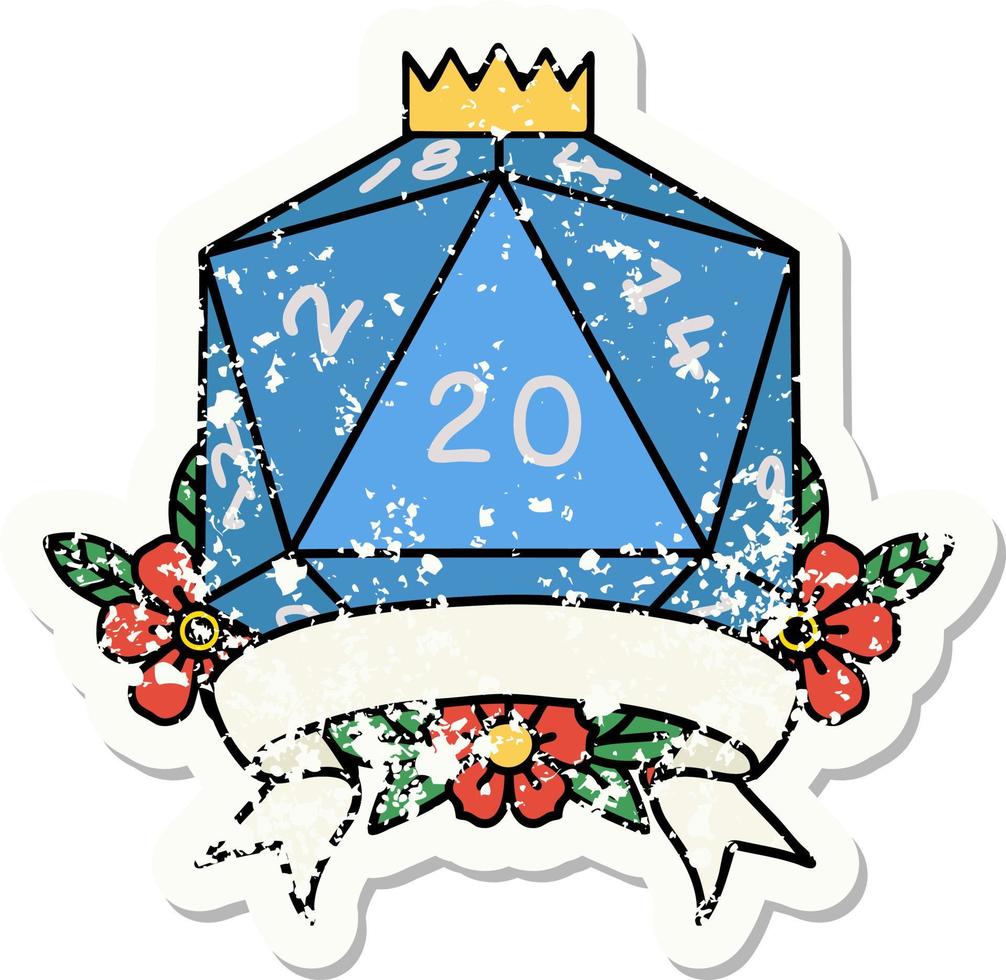 grunge sticker of a natural 20 critical hit D20 dice roll vector
