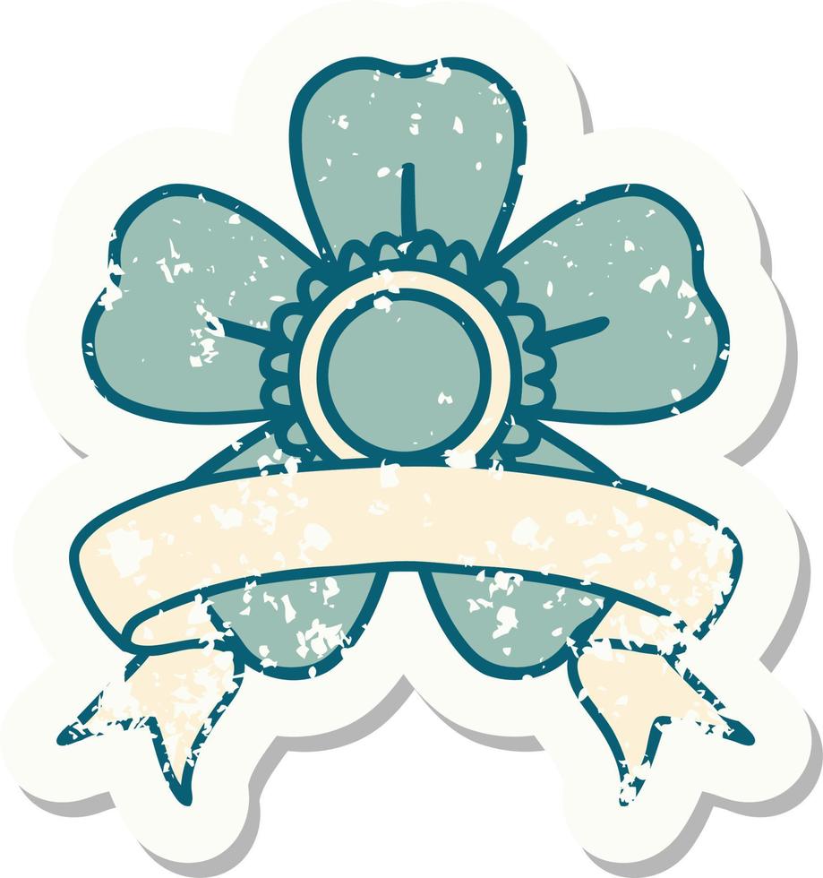 worn old sticker with banner of a flower vector